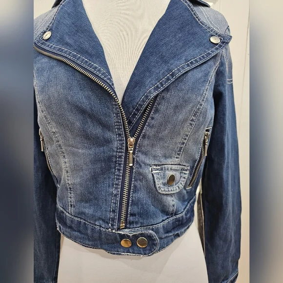Wet Seal Wall Flower Distressed Blue Denim Zip Jean Moto Jacket Coat S - Picture 4 of 7